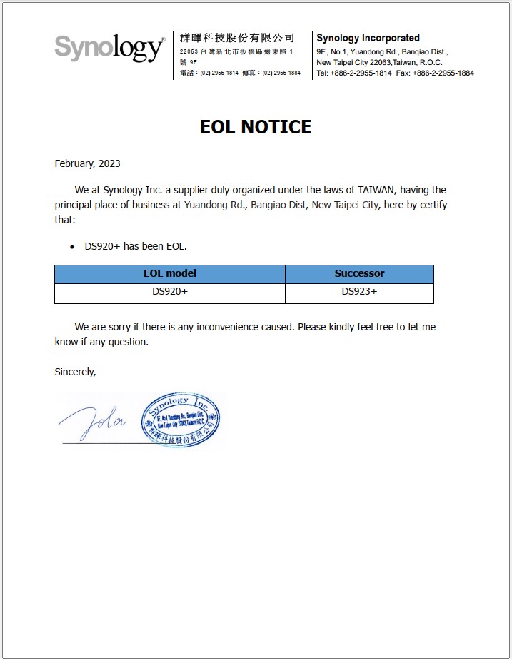 Thông báo EOL sản phẩm NAS Synology DS920+